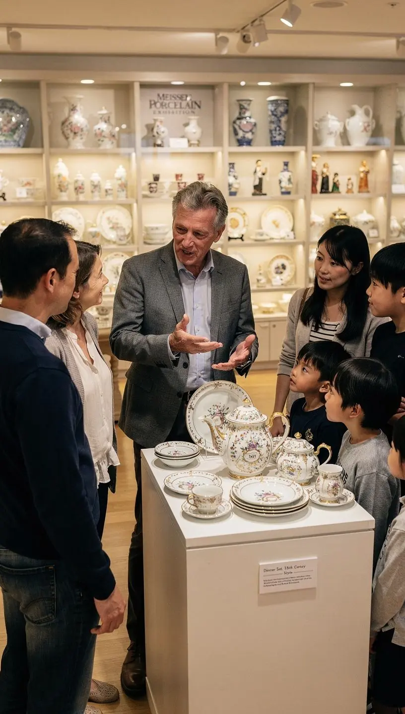 Besuchergruppe während einer Führung durch die Porzellanmanufaktur, begeistert von den handwerklichen Techniken.